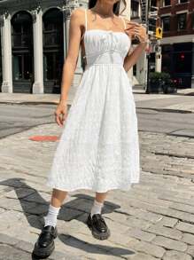 SHEIN EZwear Vestido blanco de tejido de punto para mujer con tirantes espaguetis, espalda descubierta y lazada, ideal para vacaciones - Blanco - Ver 5