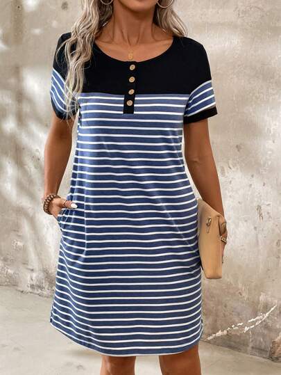 EMERY ROSE Ladies' Summer Striped Round Neck Button Front Semi-Placket Short Sleeve Casual T-Shirt Dress