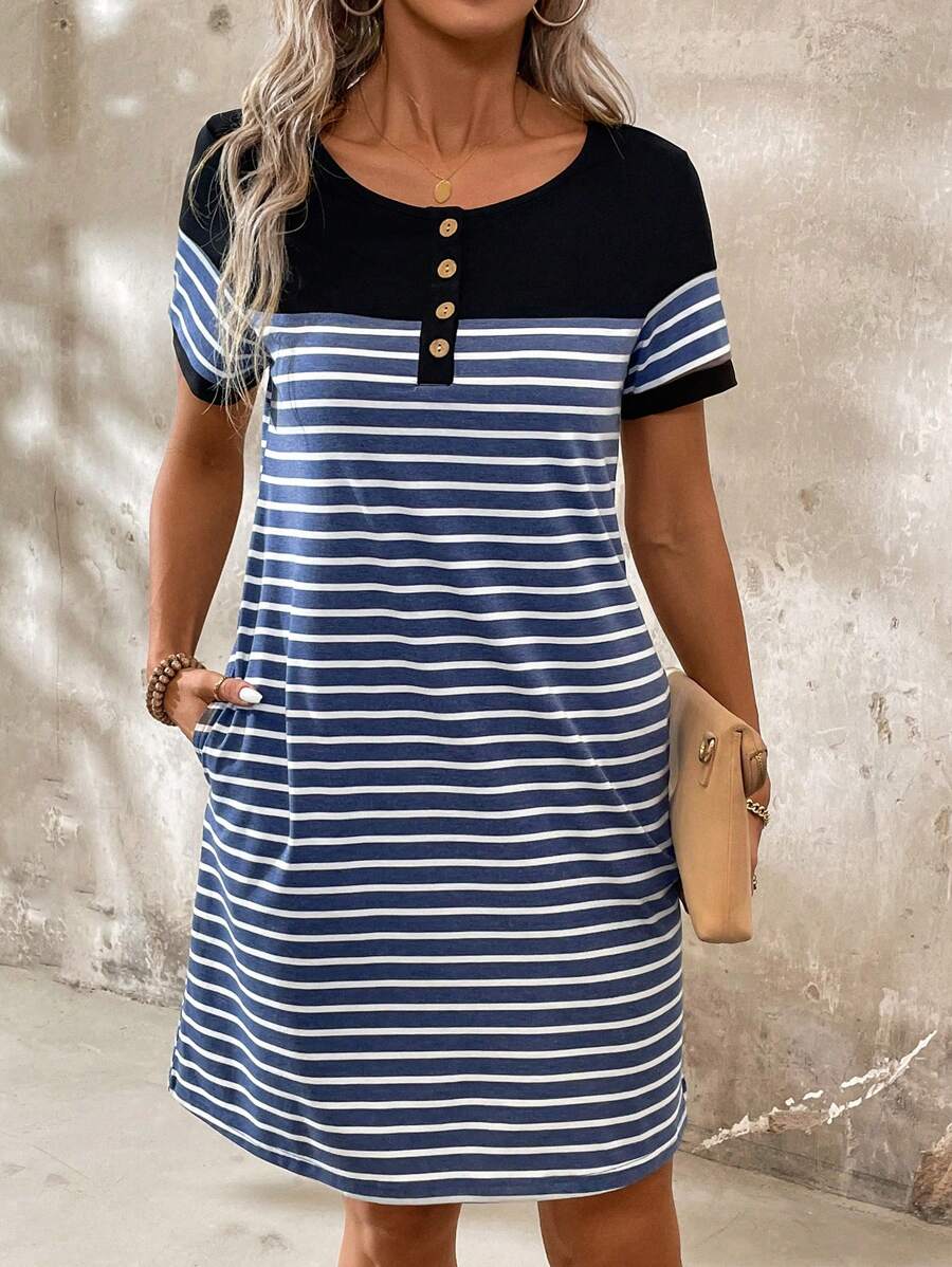 EMERY ROSE Ladies' Summer Striped Round Neck Button Front Semi-Placket Short Sleeve Casual T-Shirt Dress - Navy Blue - View 1