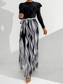 Swim Mulvari Women's Burkini Set With Ruffle Front And Striped Cover Up Skirt, 3 Pieces, Wireless, Random Print, Copyright Purchased, Black, Summer Beach Arabic Clothing