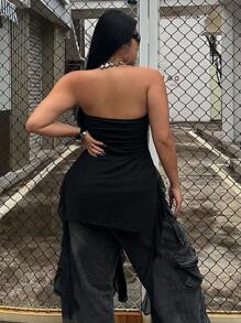 Flirla Blusa de estilo diario sencillo con top tubo de unicolor para mujeres de talla grande - Negro - Ver 2