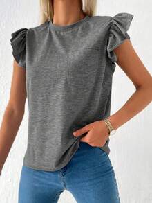 Cottnline Solid Pocket Patched Butterfly Sleeve Tee - Dark Grey - View 3
