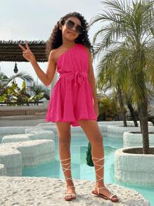 SHEIN Tween Girls Casual Solid Color Knitted Asymmetrical Shoulder Romper