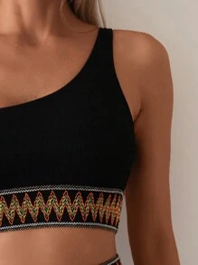 SHEIN Swim Damen Kontrast Wellen Webmuster Ein-Schulter Bikini Set mit getrenntem Bikini Set, Sommer Strand - Schwarz - Übersicht 3