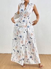 SHEIN Clasi 女士休闲无袖腰系带花卉印花飘逸秋千连衣裙，适合假期穿着 - 白色 - 查看 7