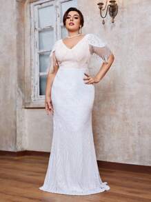Plus Size Cổ Chữ V Lấp Lánh Sequin Hoa Chắp Vá Tay Ngắn Tua Rua Nàng Tiên Cá Viền Trang Bị Áo Dài - trắng - Xem 4
