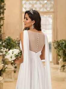 SHEIN Belle Chiếc váy hở lưng bằng vải voan trắng tuyệt đẹp thanh lịch với trang trí sequin xếp nếp và váy chữ A dài đến sàn, váy cưới - trắng - Xem 4
