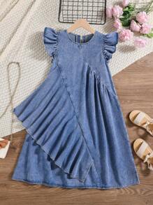 SHEIN Tween Girl Loose Cute Cap Sleeves Round Neck Asymmetrical Ruffle Hem A-Line Denim Dress For Summer Vacation Outfits - Medium Wash - View 1
