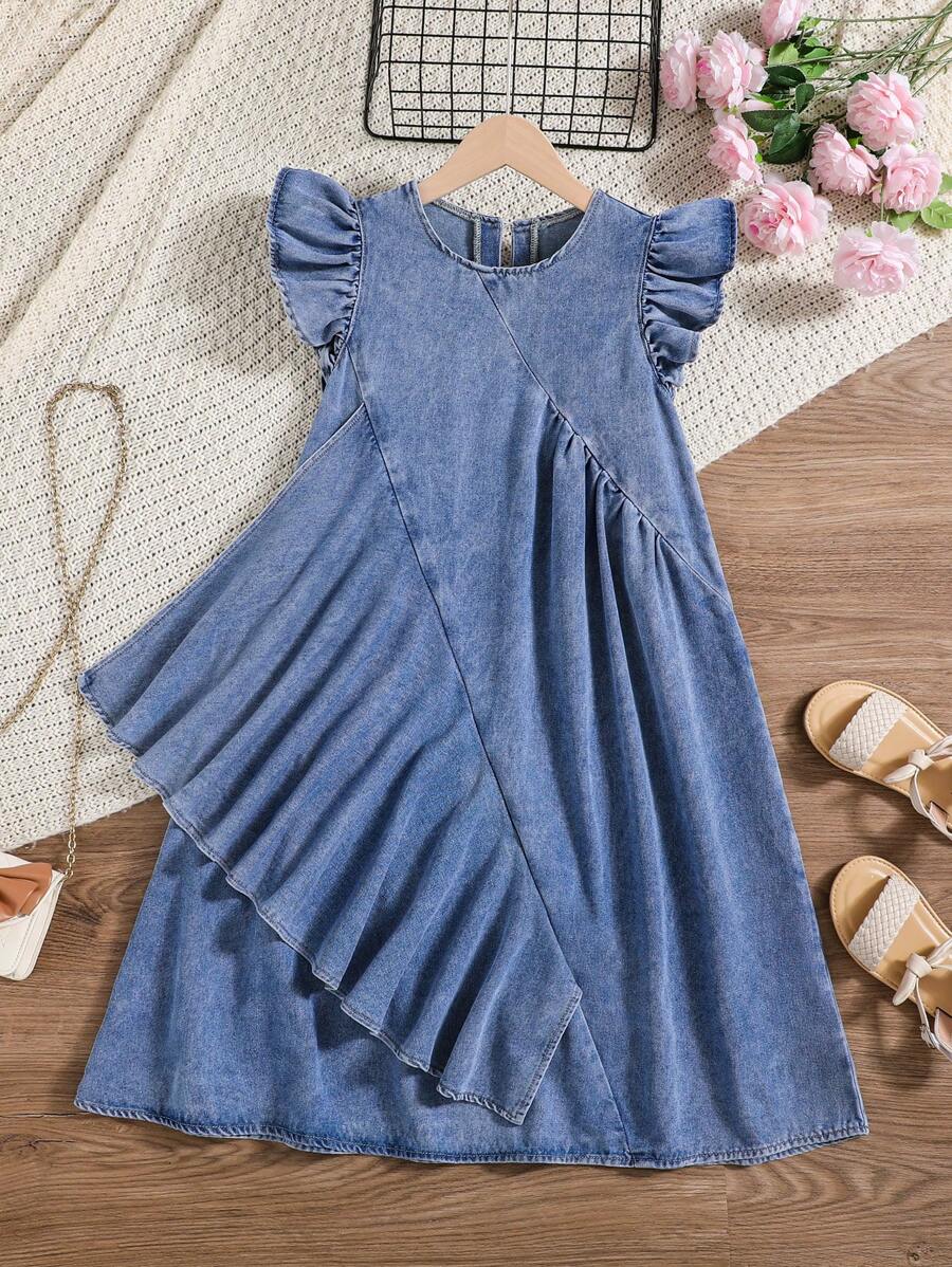 SHEIN Tween Girl Loose Cute Cap Sleeves Round Neck Asymmetrical Ruffle Hem A-Line Denim Dress For Summer Vacation Outfits - Medium Wash - View 1