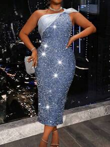 SHEIN Belle 加大码夏季无袖紧身连衣裙，不对称领口和亮片装饰，超长女装 - 藍色 - 查看 7