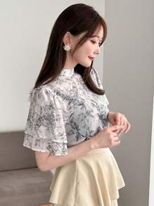 FRIFUL Designer Women's High-Necked Shirt With Drawstring Design And Printed Pattern Summer,Ruffle