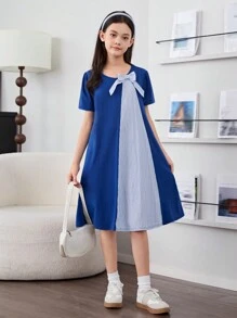 SHEIN Tween Girl Loose Casual Round Neck Color Blocking Bow Decorated Mid-Length Dress