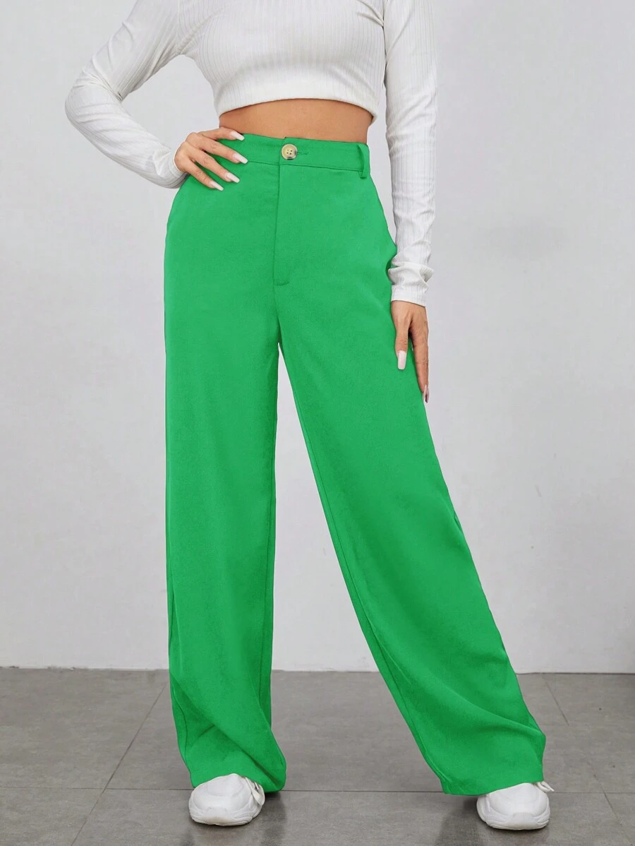EURMUSE Solid Zipper Fly Trousers - Green - View 1
