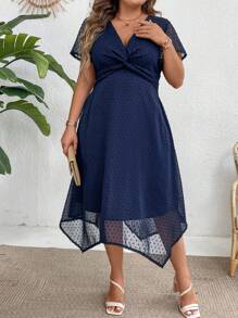SHEIN Clasi Đầm mùa hè cỡ lớn với mặt trước xoắn, tay áo ô, eo thon và viền bất đối xứng - Màu xanh hải quân - Xem 5