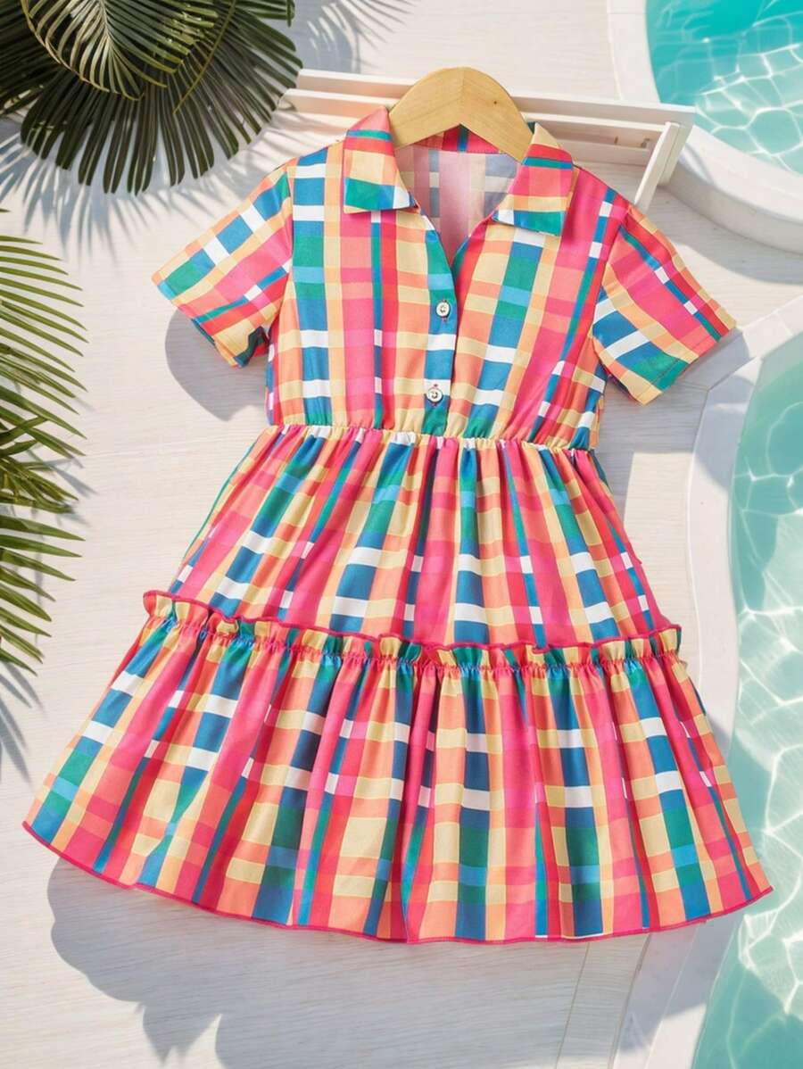 SHEIN Little Girls' Plaid Checkered Dresses - Multicolor - View 1
