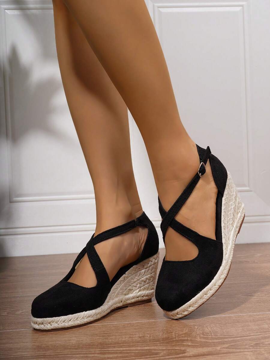 Women's Minimalist Ankle Strap CrossBand Espadrilles, Holiday Black
