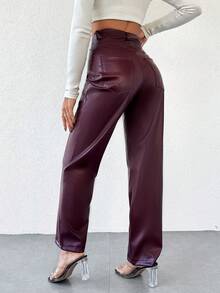 EURMUSE Ladies' Pu Leather Pants - Burgundy - View 2