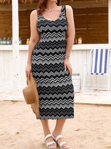 Dreamara 黑白幾何印花細肩帶V領大碼連衣裙 - 黑與白 - 查看 1