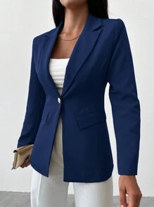 EURMUSE Solid Color Turn-Down Collar Single Breasted Blazers - Navy Blue - View 5