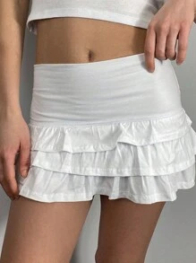 SHEIN EZwear White Knitted Ruffle Women's Mini Skirt With Shorts