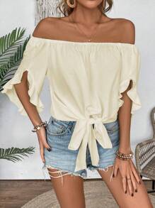 Breezaya Women's Summer Casual Off-Shoulder Strap Ruffle Trimmed Blouse - Apricot - View 3