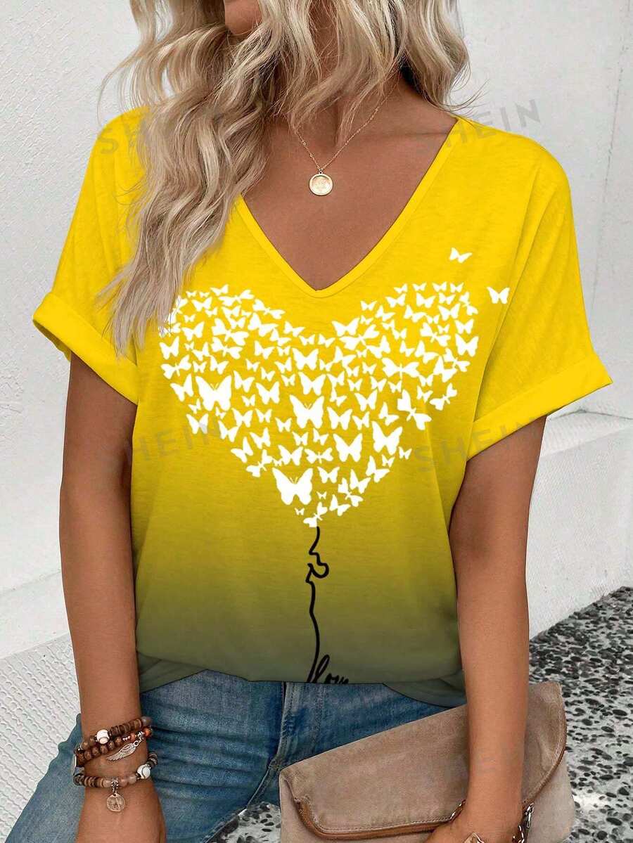 SHEIN LUNE Camiseta casual de manga corta con cuello en V para mujer, con estampado de mariposas para verano