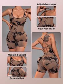 Dewbera Frauen Zufällig bedruckter Yoga-Jumpsuit mit gekreuzten Trägern