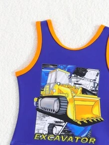 Baby Boy Excavator Letter Print Ringer Tank Top And Shorts Swimsuit - Blue - View 3