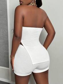 Slaydiva Bộ đồ hai mảnh hở vai hở vai không tay cổ tim mùa hè giản dị quần short bó in hình chữ thập màu trắng cho nữ - trắng - Xem 2