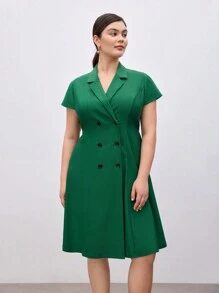 BizChic Plus Size Dames Zomer Effen Kleur Groen Pak Kraag Double-Breasted Kapmouw Elegante Business Casual Werkjurk