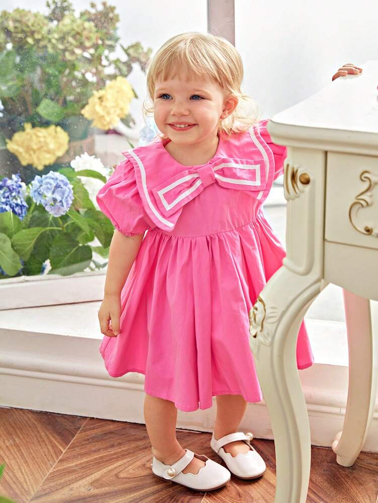 DRMZ Baby Girl Baby Girl Casual Color Block Short Sleeve Dress With Bow-Knot Collar For Summer Vacation
