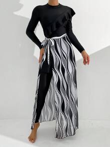 Swim Mulvari Women's Burkini Set With Ruffle Front And Striped Cover Up Skirt, 3 Pieces, Wireless, Random Print, Copyright Purchased, Black, Summer Beach Arabic Clothing