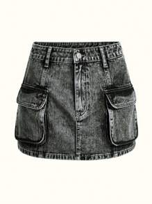 Flap Pocket Denim Skirt - Grey - View 1