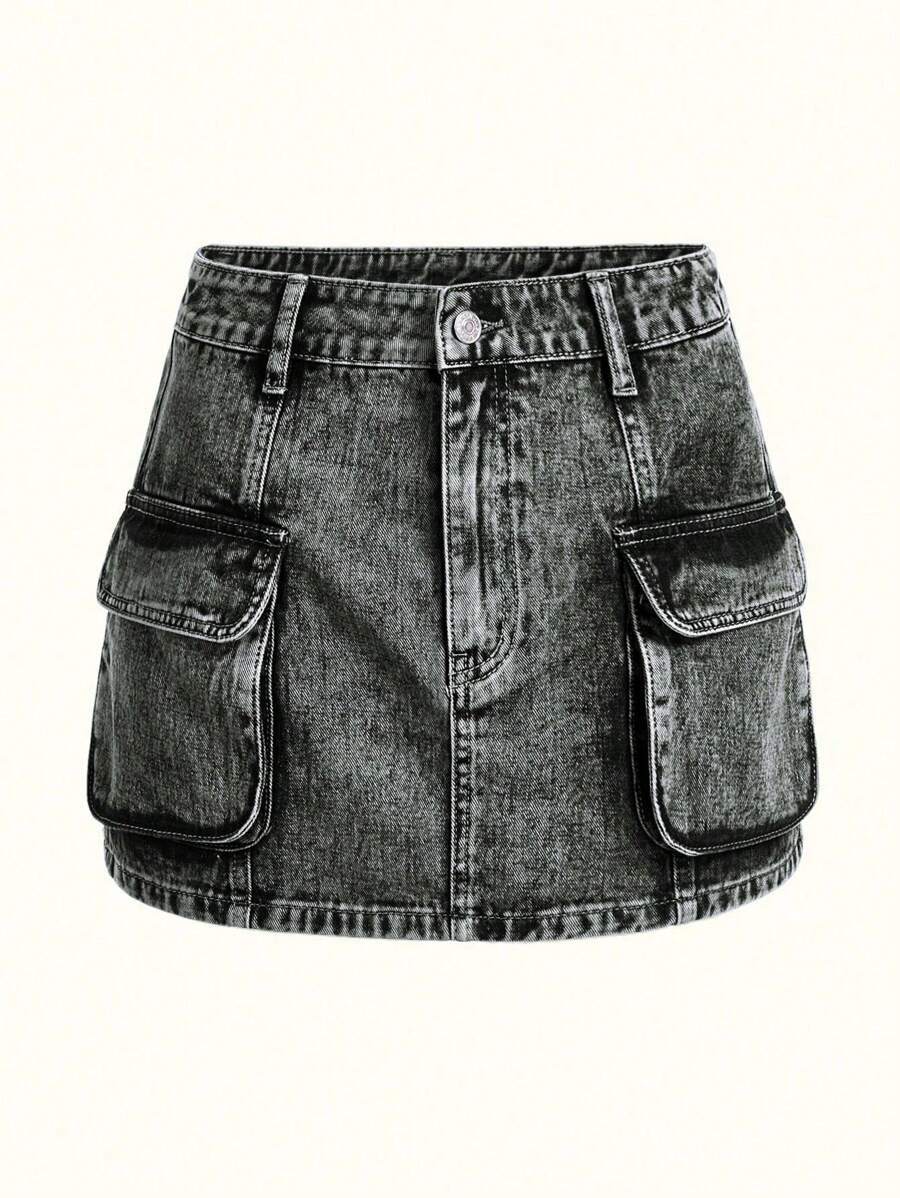Flap Pocket Denim Skirt - Grey - View 1
