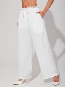 Sweetina Pantalones anchos de pierna ancha de textura de encaje a ganchillo con ajuste suelto de estilo casual Y2K, pantalones blancos de verano, atuendo para conciertos, atuendo de verano