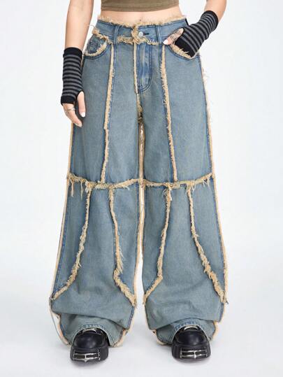 Grunge Punk Ladies' Casual Wide-Leg Jeans With Washed Fringed Hem