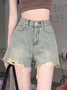 女士时尚做旧简约日常牛仔短裤 - 藍色 - 查看 3