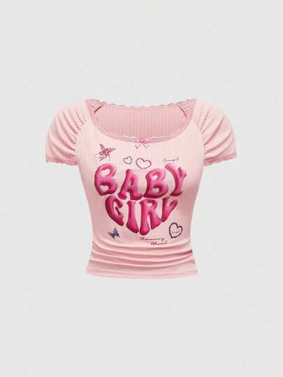 Camiseta rosa para mujer con corazón de globo y letras impresas en tejido jacquard con parches de encaje, camiseta para mujer y bebé