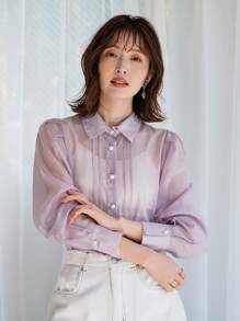FRIFUL Women Fashionable Elegant Long Sleeve Sheer Turn-Down Collar Shirt - Purple - View 8