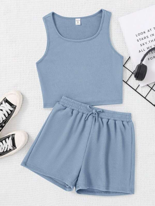 SHEIN Strick Weste und Schleifen Shorts Teen Mädchen Basic Lässig Outfit Set (2 Stück)