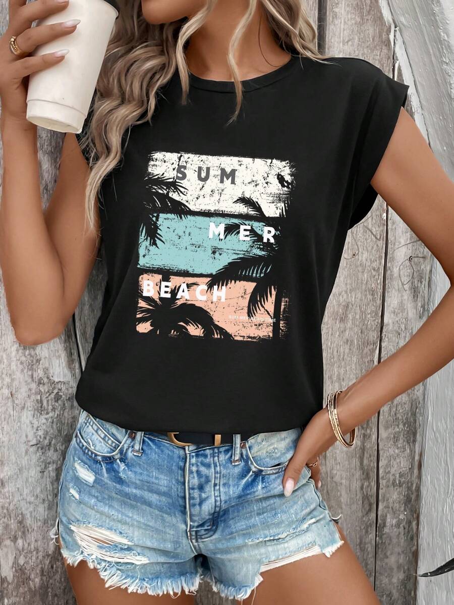 INAWLY 女士圆领风景印花无袖休闲 T 恤春夏季图案 T 恤女式上衣 - 黑色 - 查看 1