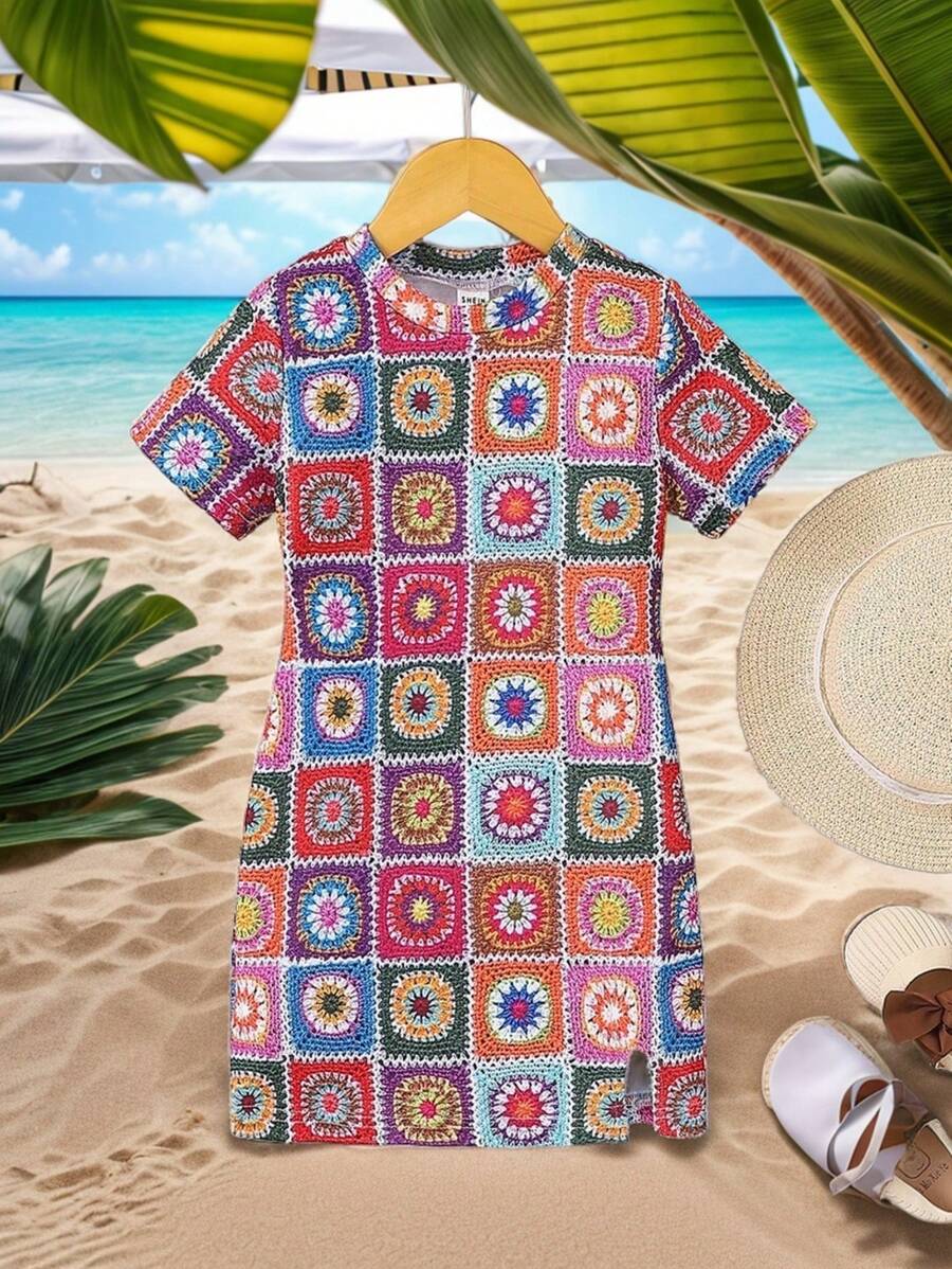 SHEIN Trẻ Cô gái Kiểm tra Vòng cổ Không tay Đầm giản dị , Phổ biến nhất Mùa hè Đối với Các hoạt động ngoài trời - Nhiều màu - Xem 1