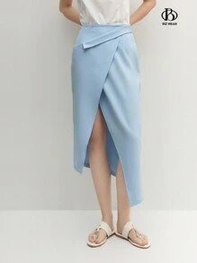 BizChic Women's Elegant Solid Color Wrap Around Long Skirt - Blue - View 1