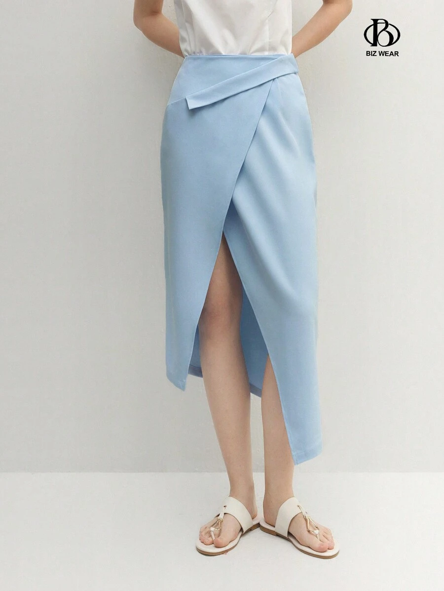 BizChic Women's Elegant Solid Color Wrap Around Long Skirt - Blue - View 1