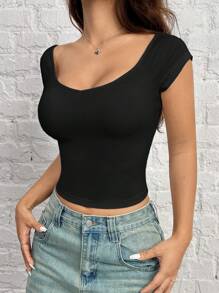 SHEIN EZwear Áo thun nữ dáng croptop dệt kim màu đen ôm vừa vặn, kỳ nghỉ hè hàng ngày - màu đen - Xem 4