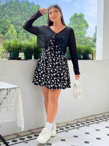 Solflare Women's Plus Size Summer Floral Print Dress With Sheer Cardigan, 2pcs Set - Black - View 5