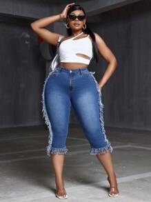 SHEIN SXY Plus Size Stretchy Denim Sexy Raw Hem Design Capri Pants - Blue - View 6