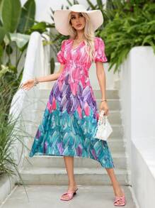 GENKIRA Women's Fashion Ombre Printed Short Sleeve Dress With Random Pattern - Multicolor - View 2