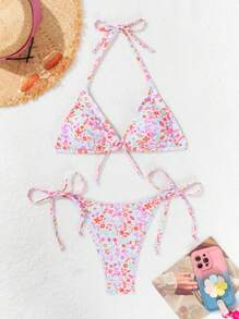 SHEIN Swim 女士假期風格花卉印花比基尼套裝，隨機印花 - 彩色 - 查看 4