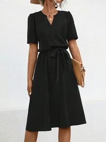 Summer Solid Color V-Neckline Puff Sleeve Empire Waist Dress - Black - View 3